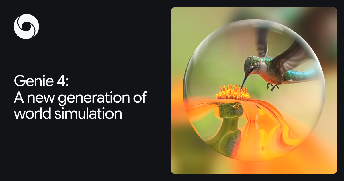 Google DeepMind's Genie 4 announcement graphic, with the title 'Genie 4: A new generation of world simulation' beside a hummingbird feeding from an orange flower inside a glass sphere